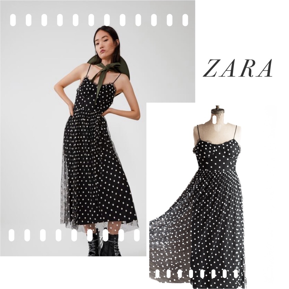 Zara Black Tulle Dress With White Embroidered Flowers Sz Small